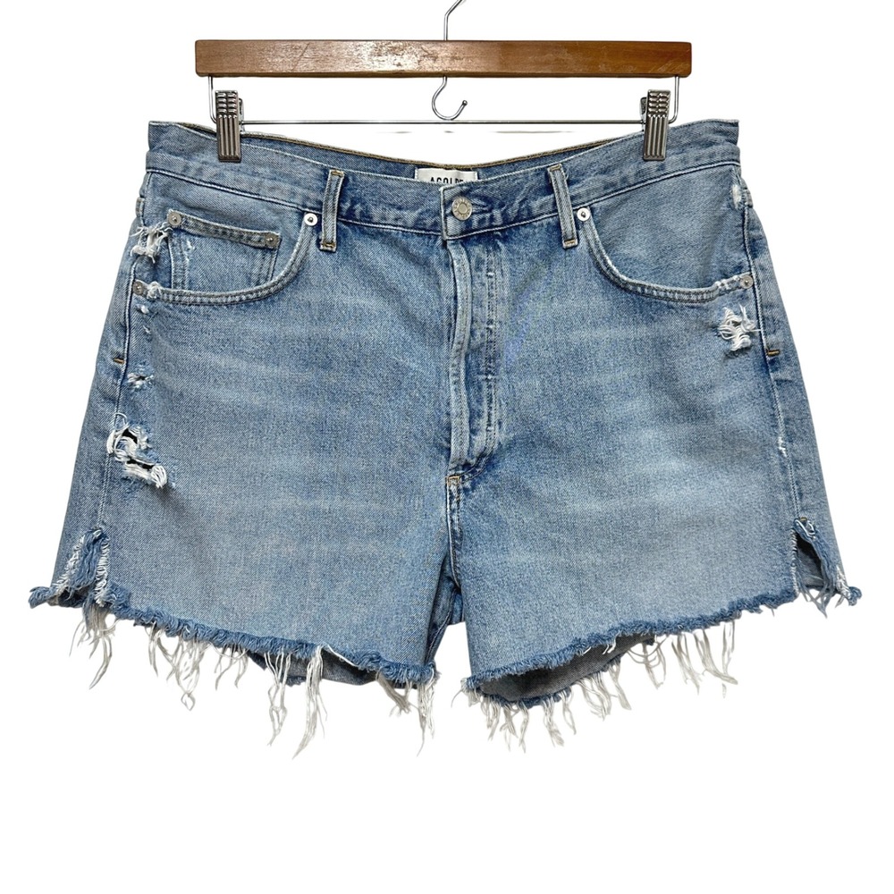 AGOLDE Dee High Rise Jean Shorts Women 33 Blue Denim Distressed Cut Offs Organic